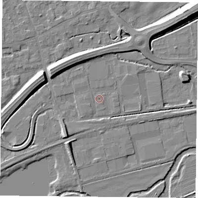 Shaded relief map of the ground around RG74BQ, computed from Environment Agency LiDAR. The ground here sits at about 46 m above sea level and falls 11 m across the surrounding 800 m. Surface water reaching this point runs off ground lying to the east, 0.7 m higher.