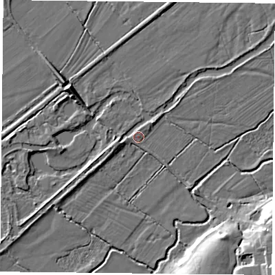 Shaded relief map of the ground around RG74BS, computed from Environment Agency LiDAR. The ground here sits at about 49 m above sea level and falls 12 m across the surrounding 800 m. Surface water reaching this point runs off ground lying to the north-east, 2.3 m higher.