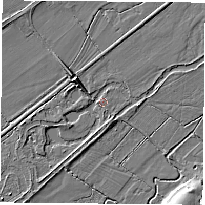 Shaded relief map of the ground around RG74BT, computed from Environment Agency LiDAR. The ground here sits at about 49 m above sea level and falls 10 m across the surrounding 800 m. Surface water reaching this point runs off ground lying to the south-west, 2.9 m higher.