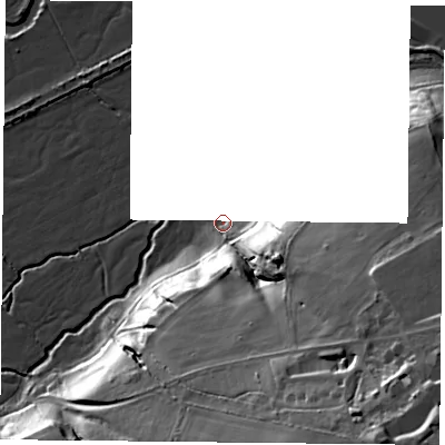 Shaded relief map of the ground around RG74BW, computed from Environment Agency LiDAR. The ground here sits at about 48 m above sea level and falls 37 m across the surrounding 800 m. Surface water reaching this point runs off ground lying to the east-south-east, 30.7 m higher.