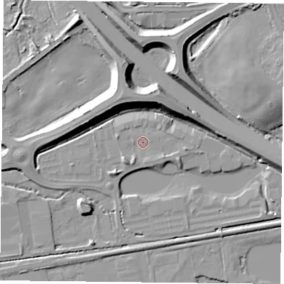 Shaded relief map of the ground around RG74GA, computed from Environment Agency LiDAR. The ground here sits at about 45 m above sea level and falls 13 m across the surrounding 800 m. Surface water reaching this point runs off ground lying to the south-east, 1.8 m higher.