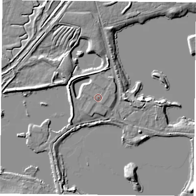Shaded relief map of the ground around RG74GB, computed from Environment Agency LiDAR. The ground here sits at about 48 m above sea level and falls 7 m across the surrounding 800 m. Surface water reaching this point runs off ground lying to the north-north-west, 1.3 m higher.