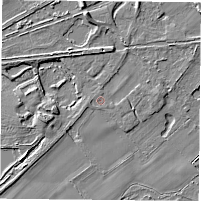 Shaded relief map of the ground around RG74GT, computed from Environment Agency LiDAR. The ground here sits at about 54 m above sea level and falls 8 m across the surrounding 800 m. Surface water reaching this point runs off ground lying to the west, 1.7 m higher.