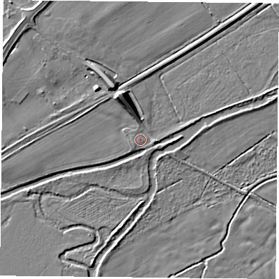 Shaded relief map of the ground around RG74HG, computed from Environment Agency LiDAR. The ground here sits at about 50 m above sea level and falls 9 m across the surrounding 800 m. Surface water reaching this point runs off ground lying to the east, 1.3 m higher.