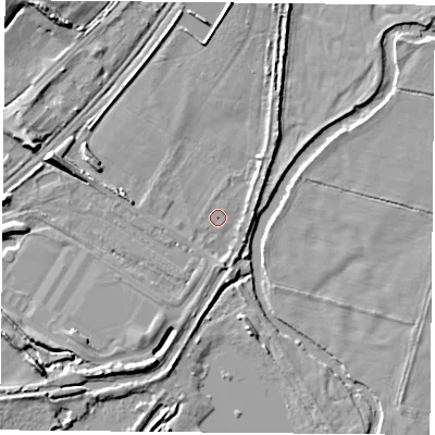 Shaded relief map of the ground around RG74HS, computed from Environment Agency LiDAR. The ground here sits at about 52 m above sea level and falls 10 m across the surrounding 800 m. Surface water reaching this point runs off ground lying to the west-north-west, 7.8 m higher.