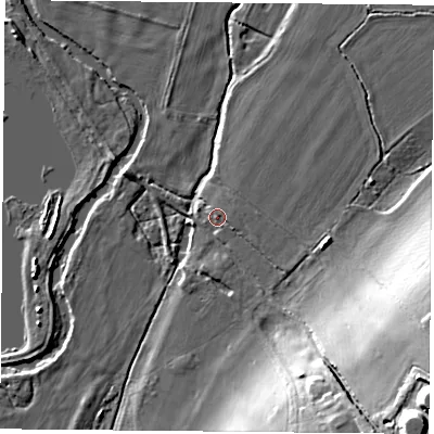Shaded relief map of the ground around RG74HT, computed from Environment Agency LiDAR. The ground here sits at about 53 m above sea level and falls 30 m across the surrounding 800 m. Surface water reaching this point runs off ground lying to the south-east, 1.6 m higher.