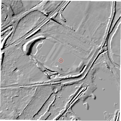 Shaded relief map of the ground around RG74JF, computed from Environment Agency LiDAR. The ground here sits at about 53 m above sea level and falls 11 m across the surrounding 800 m. Surface water reaching this point runs off ground lying to the south-south-west, 1.7 m higher.
