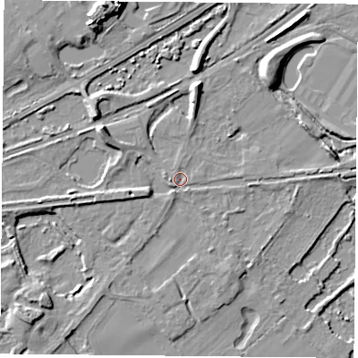 Shaded relief map of the ground around RG74JN, computed from Environment Agency LiDAR. The ground here sits at about 54 m above sea level and falls 13 m across the surrounding 800 m. Surface water reaching this point runs off ground lying to the west-south-west, 3.0 m higher.