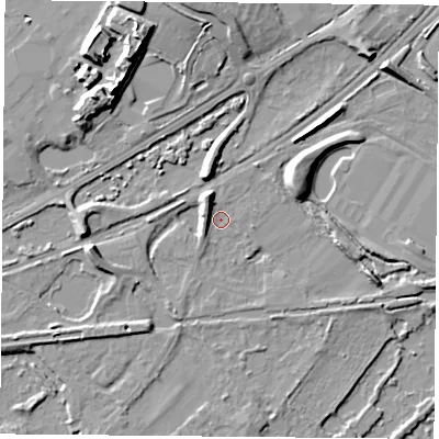 Shaded relief map of the ground around RG74JR, computed from Environment Agency LiDAR. The ground here sits at about 54 m above sea level and falls 14 m across the surrounding 800 m. Surface water reaching this point runs off ground lying to the north-west, 4.7 m higher.