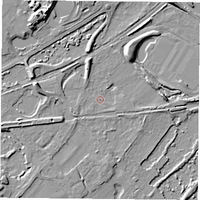Shaded relief map of the ground around RG74JS, computed from Environment Agency LiDAR. The ground here sits at about 54 m above sea level and falls 13 m across the surrounding 800 m. Surface water reaching this point runs off ground lying to the north-west, 1.7 m higher.