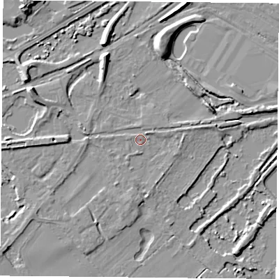 Shaded relief map of the ground around RG74JT, computed from Environment Agency LiDAR. The ground here sits at about 54 m above sea level and falls 10 m across the surrounding 800 m. Surface water reaching this point runs off ground lying to the south-west, 2.0 m higher.