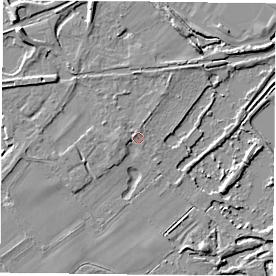 Shaded relief map of the ground around RG74JU, computed from Environment Agency LiDAR. The ground here sits at about 54 m above sea level and falls 9 m across the surrounding 800 m. Surface water reaching this point runs off ground lying to the west, 2.4 m higher.
