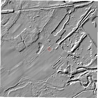 Shaded relief map of the ground around RG74JX, computed from Environment Agency LiDAR. The ground here sits at about 53 m above sea level and falls 6 m across the surrounding 800 m. Surface water reaching this point runs off ground lying to the south-east, 4.1 m higher.