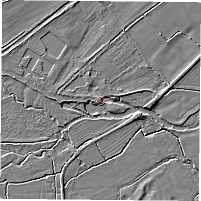 Shaded relief map of the ground around RG74LB, computed from Environment Agency LiDAR. The ground here sits at about 56 m above sea level and falls 5 m across the surrounding 800 m. Surface water reaching this point runs off ground lying to the west, 3.0 m higher.