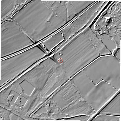 Shaded relief map of the ground around RG74LG, computed from Environment Agency LiDAR. The ground here sits at about 56 m above sea level and falls 10 m across the surrounding 800 m. Surface water reaching this point runs off ground lying to the west-north-west, 4.2 m higher.