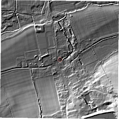 Shaded relief map of the ground around RG74LJ, computed from Environment Agency LiDAR. The ground here sits at about 57 m above sea level and falls 24 m across the surrounding 800 m. Surface water reaching this point runs off ground lying to the south-east, 22.4 m higher.