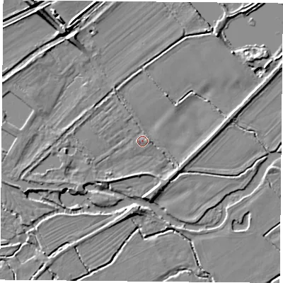 Shaded relief map of the ground around RG74LQ, computed from Environment Agency LiDAR. The ground here sits at about 55 m above sea level and falls 10 m across the surrounding 800 m. Surface water reaching this point runs off ground lying to the west, 1.9 m higher.