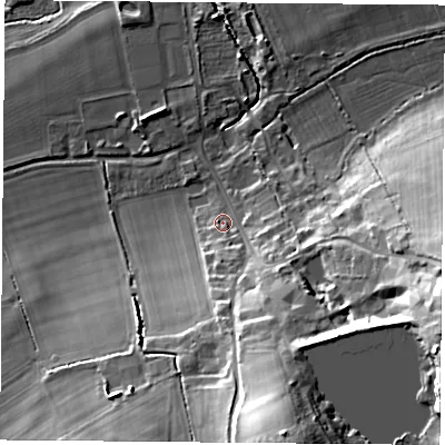 Shaded relief map of the ground around RG74LW, computed from Environment Agency LiDAR. The ground here sits at about 59 m above sea level and falls 31 m across the surrounding 800 m. Surface water reaching this point runs off ground lying to the south-south-east, 27.0 m higher.