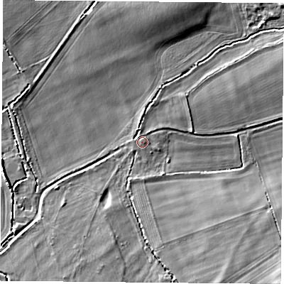 Shaded relief map of the ground around RG74LZ, computed from Environment Agency LiDAR. The ground here sits at about 59 m above sea level and falls 13 m across the surrounding 800 m. Surface water reaching this point runs off ground lying to the south-south-east, 6.9 m higher.