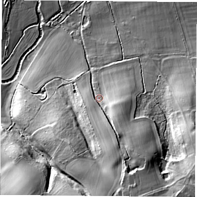 Shaded relief map of the ground around RG74NB, computed from Environment Agency LiDAR. The ground here sits at about 76 m above sea level and falls 41 m across the surrounding 800 m. Surface water reaching this point runs off ground lying to the south-south-east, 24.0 m higher.