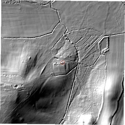 Shaded relief map of the ground around RG74NG, computed from Environment Agency LiDAR. The ground here sits at about 75 m above sea level and falls 36 m across the surrounding 800 m. Surface water reaching this point runs off ground lying to the south-south-west, 2.8 m higher.