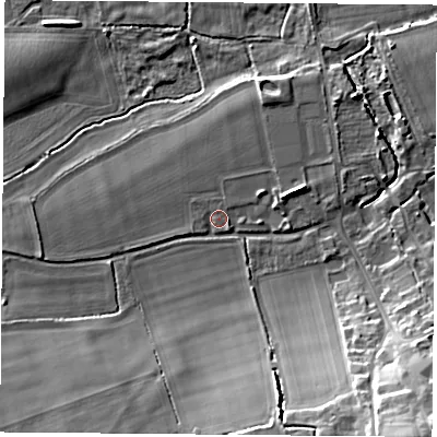 Shaded relief map of the ground around RG74NL, computed from Environment Agency LiDAR. The ground here sits at about 57 m above sea level and falls 22 m across the surrounding 800 m. Surface water reaching this point runs off ground lying to the south-south-east, 11.2 m higher.