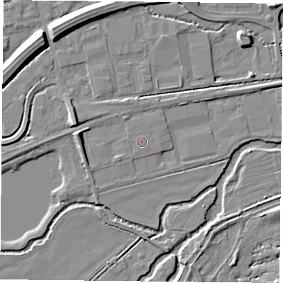 Shaded relief map of the ground around RG74PE, computed from Environment Agency LiDAR. The ground here sits at about 46 m above sea level and falls 9 m across the surrounding 800 m. The ground contributing surface water to this point lies to the north-north-west.