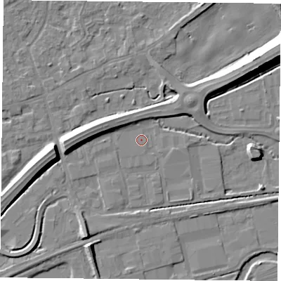 Shaded relief map of the ground around RG74PF, computed from Environment Agency LiDAR. The ground here sits at about 46 m above sea level and falls 12 m across the surrounding 800 m. Surface water reaching this point runs off ground lying to the west, 0.6 m higher.
