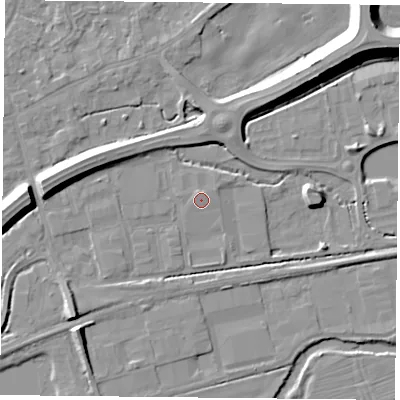 Shaded relief map of the ground around RG74PL, computed from Environment Agency LiDAR. The ground here sits at about 46 m above sea level and falls 13 m across the surrounding 800 m. Surface water reaching this point runs off ground lying to the north, 0.7 m higher.