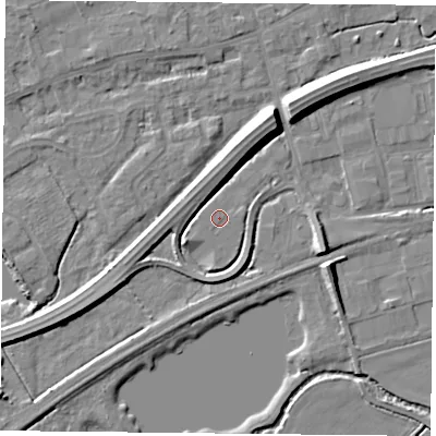 Shaded relief map of the ground around RG74PN, computed from Environment Agency LiDAR. The ground here sits at about 47 m above sea level and falls 9 m across the surrounding 800 m. Surface water reaching this point runs off ground lying to the south-south-east, 0.6 m higher.