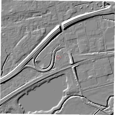 Shaded relief map of the ground around RG74RA, computed from Environment Agency LiDAR. The ground here sits at about 46 m above sea level and falls 9 m across the surrounding 800 m. Surface water reaching this point runs off ground lying to the east-south-east, 6.2 m higher.