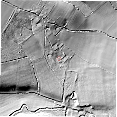 Shaded relief map of the ground around RG74RJ, computed from Environment Agency LiDAR. The ground here sits at about 73 m above sea level and falls 37 m across the surrounding 800 m. Surface water reaching this point runs off ground lying to the north-north-west, 19.7 m higher.