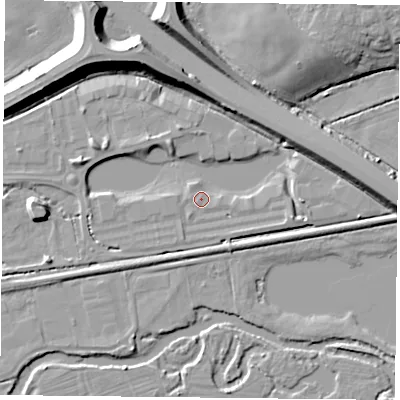 Shaded relief map of the ground around RG74SA, computed from Environment Agency LiDAR. The ground here sits at about 45 m above sea level and falls 13 m across the surrounding 800 m. Surface water reaching this point runs off ground lying to the east, 3.3 m higher.