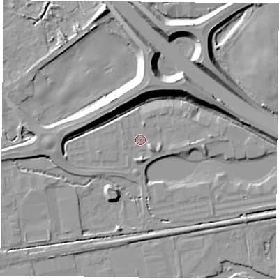 Shaded relief map of the ground around RG74SD, computed from Environment Agency LiDAR. The ground here sits at about 45 m above sea level and falls 13 m across the surrounding 800 m. Surface water reaching this point runs off ground lying to the south-east, 2.5 m higher.