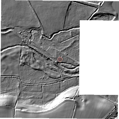 Shaded relief map of the ground around RG74SG, computed from Environment Agency LiDAR. The ground here sits at about 61 m above sea level and falls 12 m across the surrounding 800 m. Surface water reaching this point runs off ground lying to the west-north-west, 1.1 m higher.