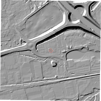 Shaded relief map of the ground around RG74SW, computed from Environment Agency LiDAR. The ground here sits at about 46 m above sea level and falls 13 m across the surrounding 800 m. Surface water reaching this point runs off ground lying to the north-west, 0.8 m higher.