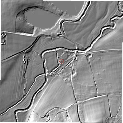 Shaded relief map of the ground around RG74TF, computed from Environment Agency LiDAR. The ground here sits at about 61 m above sea level and falls 23 m across the surrounding 800 m. Surface water reaching this point runs off ground lying to the south-south-east, 20.1 m higher.