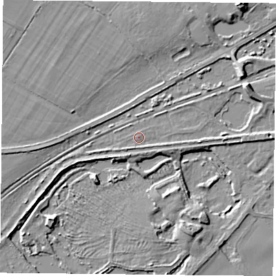 Shaded relief map of the ground around RG74US, computed from Environment Agency LiDAR. The ground here sits at about 56 m above sea level and falls 8 m across the surrounding 800 m. Surface water reaching this point runs off ground lying to the south-south-west, 1.4 m higher.