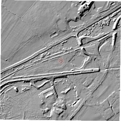 Shaded relief map of the ground around RG74UT, computed from Environment Agency LiDAR. The ground here sits at about 55 m above sea level and falls 11 m across the surrounding 800 m. Surface water reaching this point runs off ground lying to the south-west, 1.7 m higher.