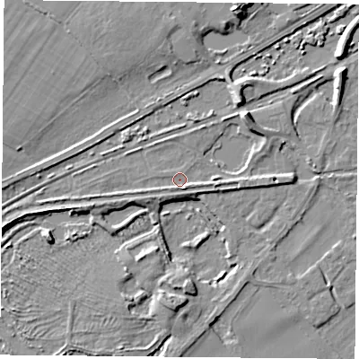 Shaded relief map of the ground around RG74UU, computed from Environment Agency LiDAR. The ground here sits at about 55 m above sea level and falls 8 m across the surrounding 800 m. Surface water reaching this point runs off ground lying to the south-south-east, 2.3 m higher.