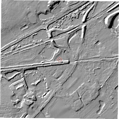 Shaded relief map of the ground around RG74UX, computed from Environment Agency LiDAR. The ground here sits at about 55 m above sea level and falls 10 m across the surrounding 800 m. Surface water reaching this point runs off ground lying to the south-east, 2.5 m higher.