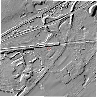 Shaded relief map of the ground around RG74UY, computed from Environment Agency LiDAR. The ground here sits at about 55 m above sea level and falls 8 m across the surrounding 800 m. Surface water reaching this point runs off ground lying to the west-north-west, 3.7 m higher.
