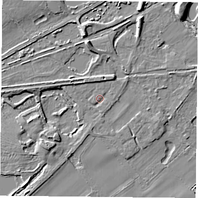 Shaded relief map of the ground around RG74UZ, computed from Environment Agency LiDAR. The ground here sits at about 54 m above sea level and falls 8 m across the surrounding 800 m. Surface water reaching this point runs off ground lying to the south-west, 5.2 m higher.