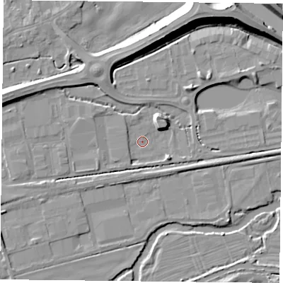 Shaded relief map of the ground around RG74XE, computed from Environment Agency LiDAR. The ground here sits at about 45 m above sea level and falls 13 m across the surrounding 800 m. Surface water reaching this point runs off ground lying to the east-south-east, 3.0 m higher.