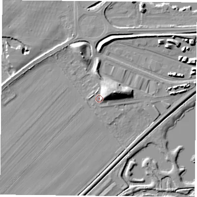 Shaded relief map of the ground around RG75BJ, computed from Environment Agency LiDAR. The ground here sits at about 48 m above sea level and falls 14 m across the surrounding 800 m. Surface water reaching this point runs off ground lying to the east-north-east, 10.6 m higher.