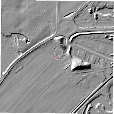 Shaded relief map of the ground around RG75HH, computed from Environment Agency LiDAR. The ground here sits at about 47 m above sea level and falls 14 m across the surrounding 800 m. Surface water reaching this point runs off ground lying to the east-south-east, 9.5 m higher.