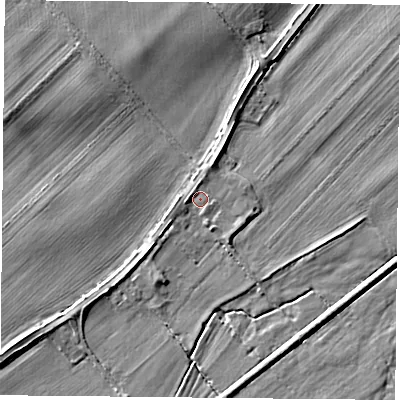 Shaded relief map of the ground around RG75HJ, computed from Environment Agency LiDAR. The ground here sits at about 49 m above sea level and falls 5 m across the surrounding 800 m. Surface water reaching this point runs off ground lying to the north-west, 0.8 m higher.