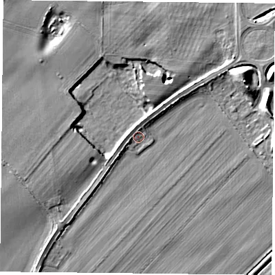 Shaded relief map of the ground around RG75HL, computed from Environment Agency LiDAR. The ground here sits at about 48 m above sea level and falls 9 m across the surrounding 800 m. Surface water reaching this point runs off ground lying to the west-south-west, 3.0 m higher.