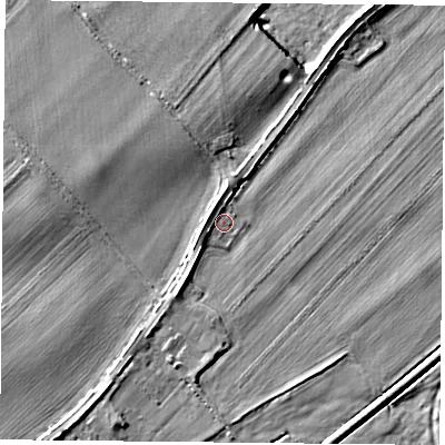 Shaded relief map of the ground around RG75HN, computed from Environment Agency LiDAR. The ground here sits at about 48 m above sea level and falls 6 m across the surrounding 800 m. Surface water reaching this point runs off ground lying to the west, 1.6 m higher.
