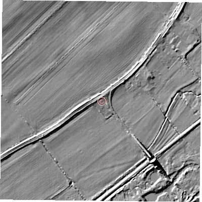 Shaded relief map of the ground around RG75HP, computed from Environment Agency LiDAR. The ground here sits at about 49 m above sea level and falls 8 m across the surrounding 800 m. Surface water reaching this point runs off ground lying to the west-south-west, 0.9 m higher.